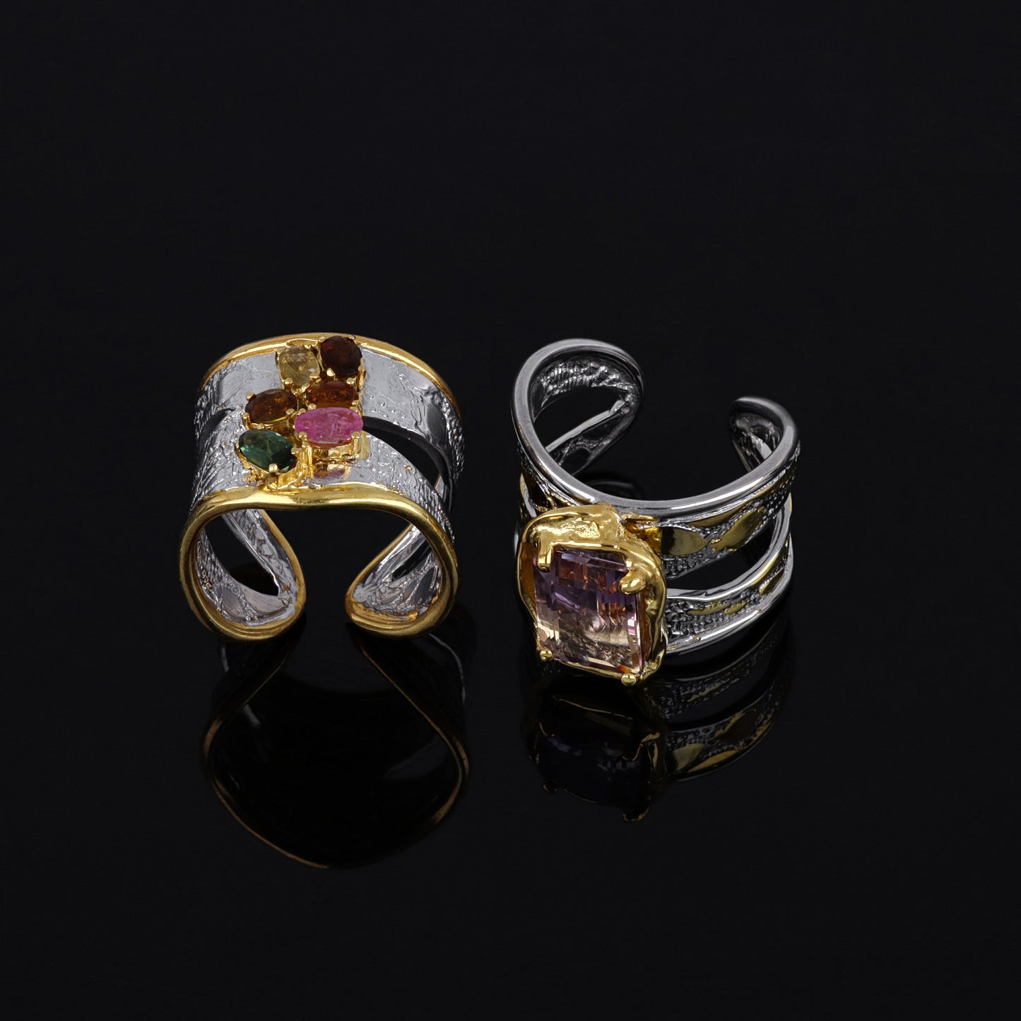 Choice Rings with Natural Tourmalines and Ametrine, Gold-Plated