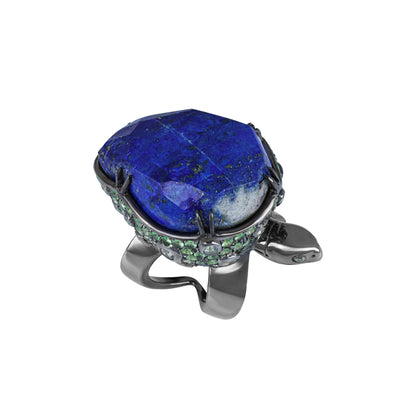 Ring TURTLE with Natural Lapis Lazuli, Tsavorite, Aquamarine, and Topaz