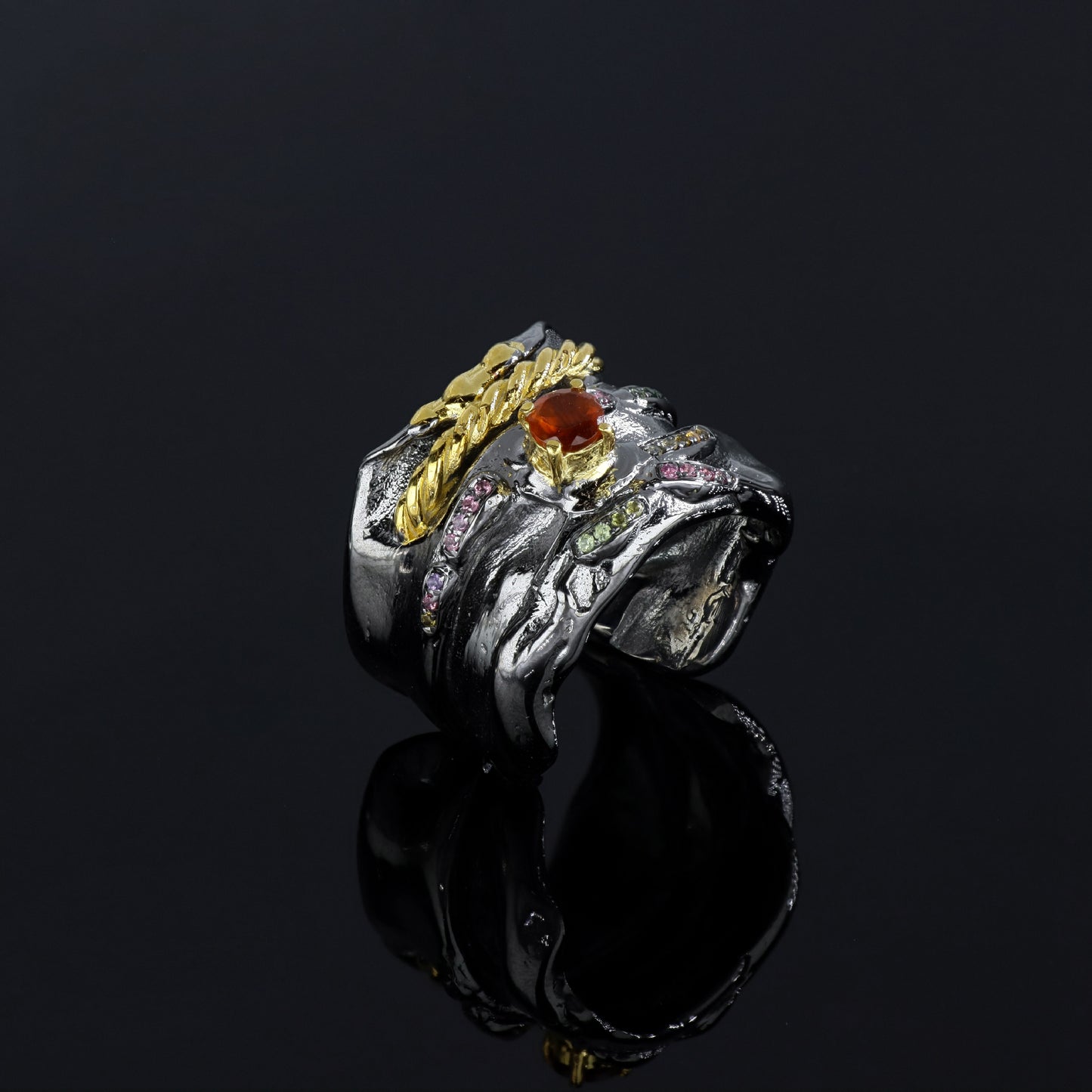 Ring CHARM with Natural Hessonite and Multitourmalines