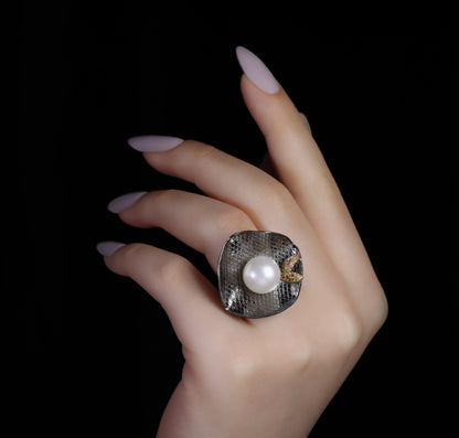 Ring THE MOON with Natural Pearl and Tourmalines