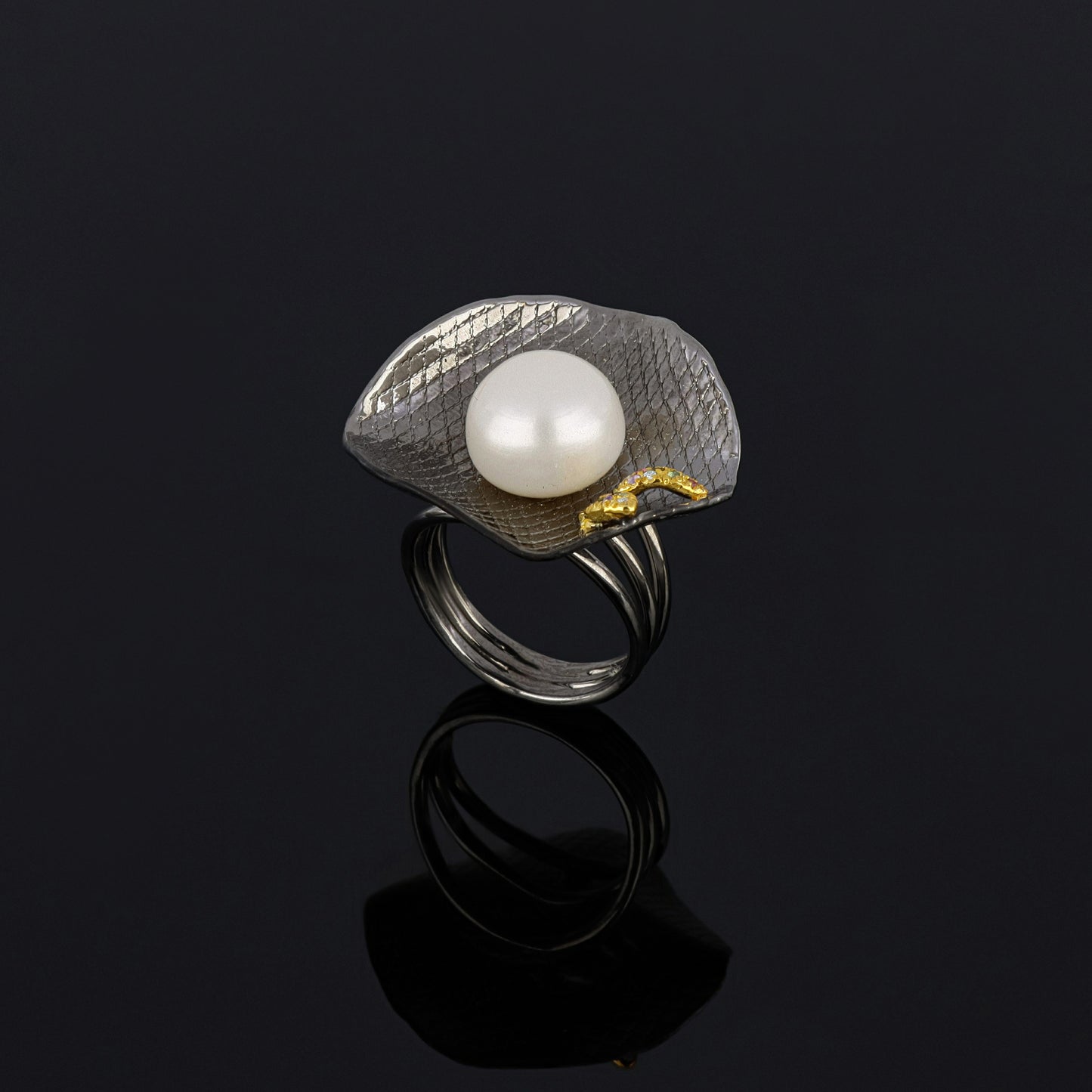 Ring THE MOON with Natural Pearl and Tourmalines