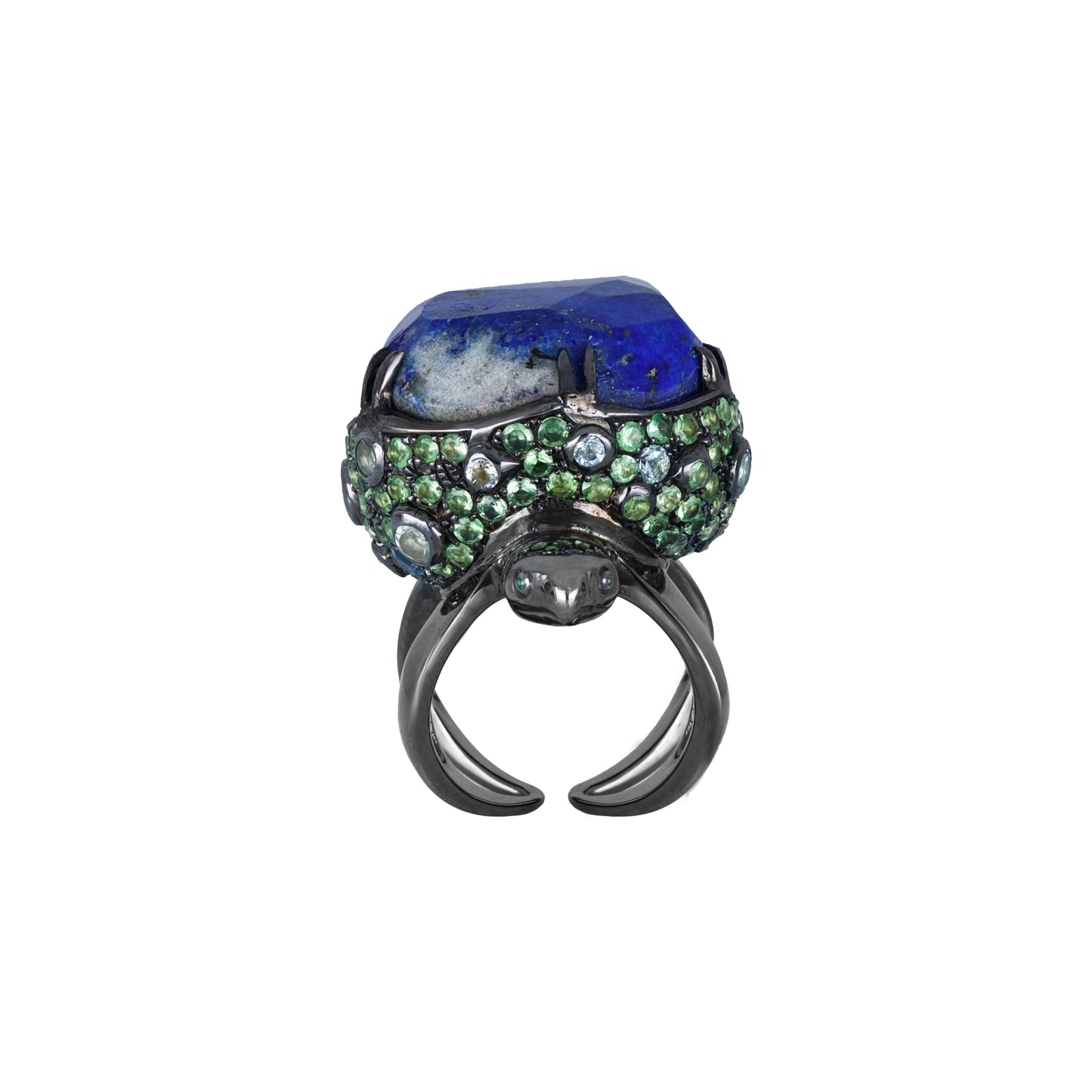 Ring TURTLE with Natural Lapis Lazuli, Tsavorite, Aquamarine, and Topaz