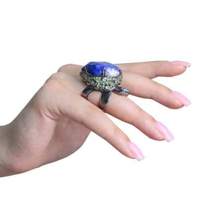 Ring TURTLE with Natural Lapis Lazuli, Tsavorite, Aquamarine, and Topaz