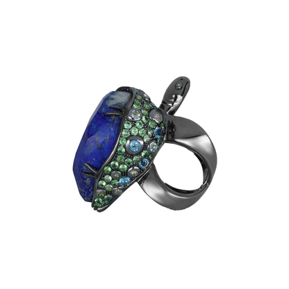 Ring TURTLE with Natural Lapis Lazuli, Tsavorite, Aquamarine, and Topaz