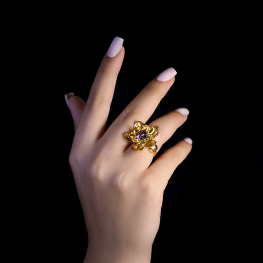 Lily Ring with Natural Amethyst and Citrine, Gold-Plated