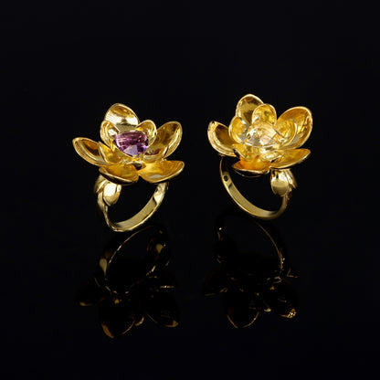 Lily Ring with Natural Amethyst and Citrine, Gold-Plated