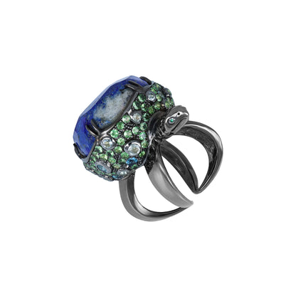 Ring TURTLE with Natural Lapis Lazuli, Tsavorite, Aquamarine, and Topaz