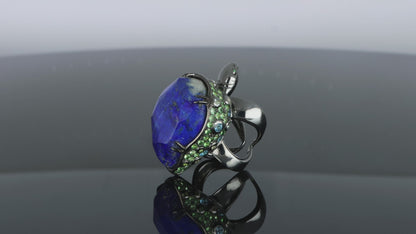 Ring TURTLE with Natural Lapis Lazuli, Tsavorite, Aquamarine, and Topaz